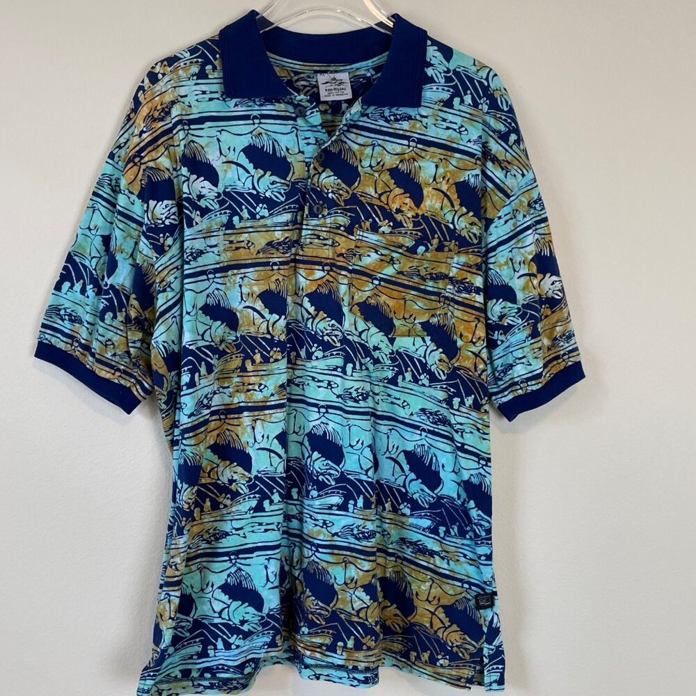 Vintage Men’s Rum Reggae Shirt XL Batik Fish Boat Lure Print Tropical Vacation